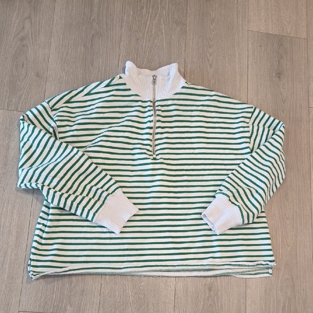 C&C California Women's Size L Green-White Stripe Pullover Sweatsh